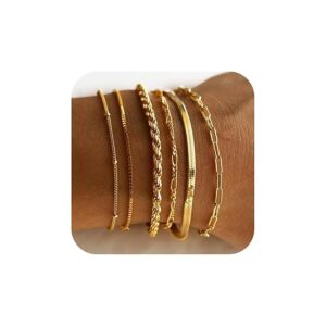 VAMA FASHIONS Gold Plated Bracelet Set Rope Figaro Paperclip Snake Herringbone & Beads Chain Hand Jewelry for Women – Set of 6